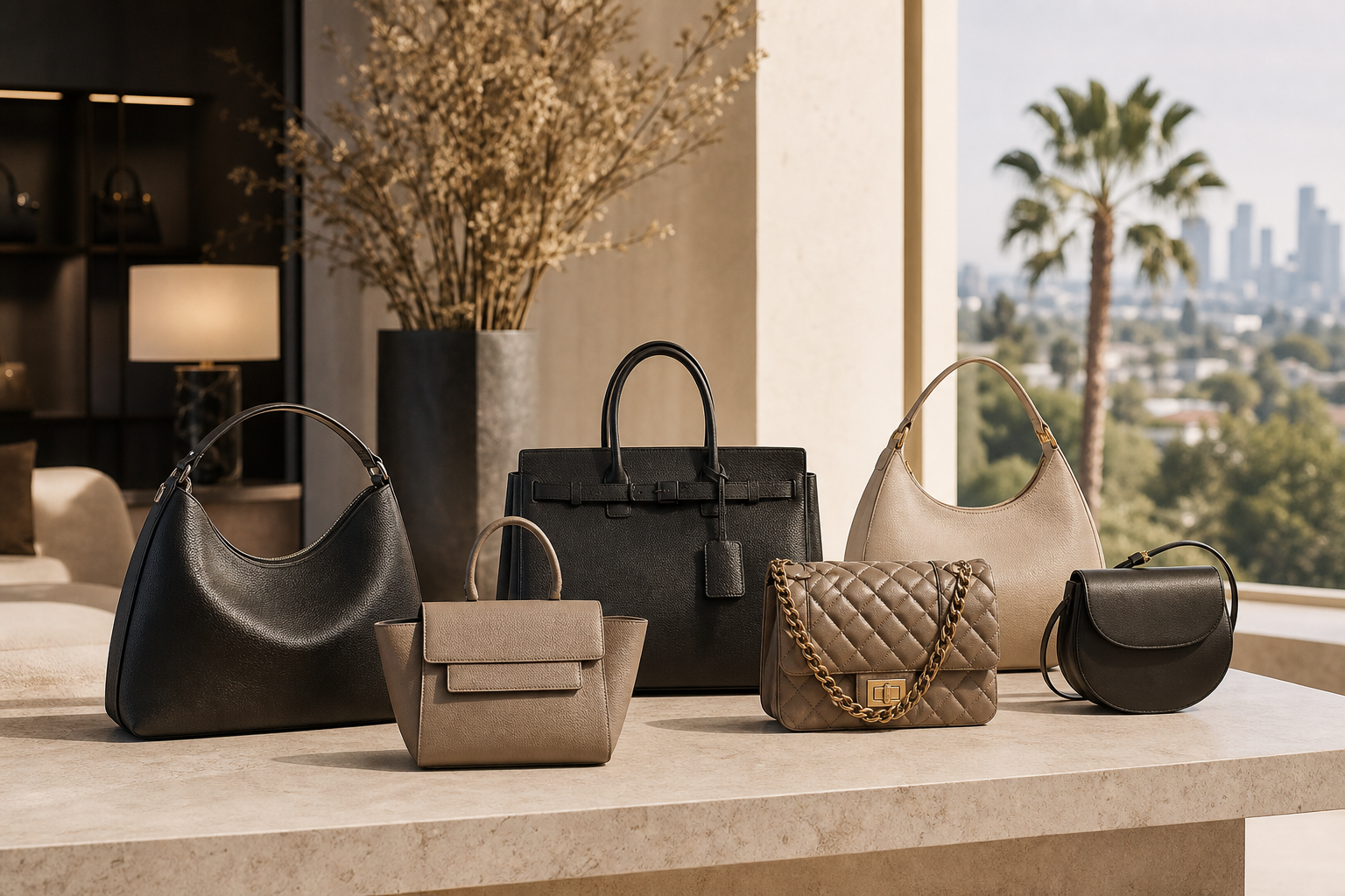 Editorial view of handbags in a warm private setting; not current KEERIN inventory